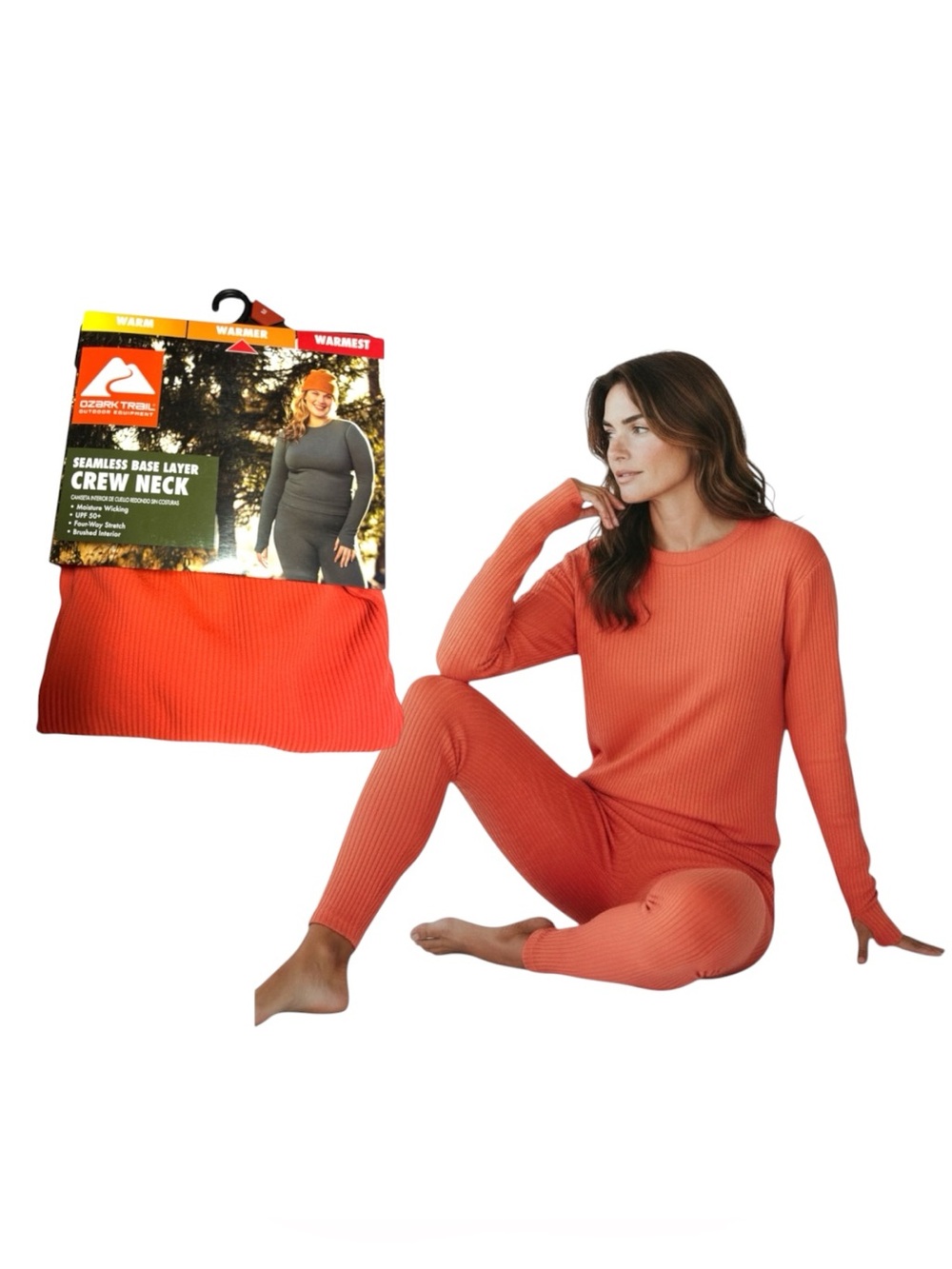 Ozark Trail Women's Ribbed Crew Neck Long Sleeve Base Layer Top - Coral Orange